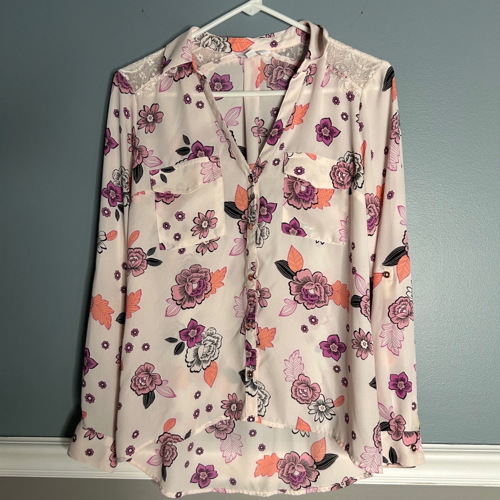 Candies Women's Pink‎ Floral Lace Shoulder Button Up Shirt Long Sleeve retro